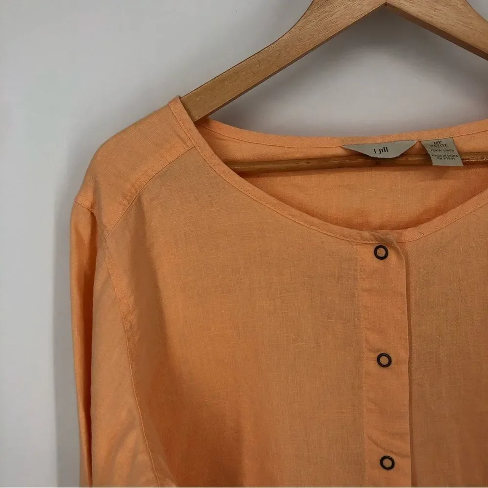J. Jill 100% Linen Snap Button Shirt Womens Petite Medium Peach Boxy Long Sleeve